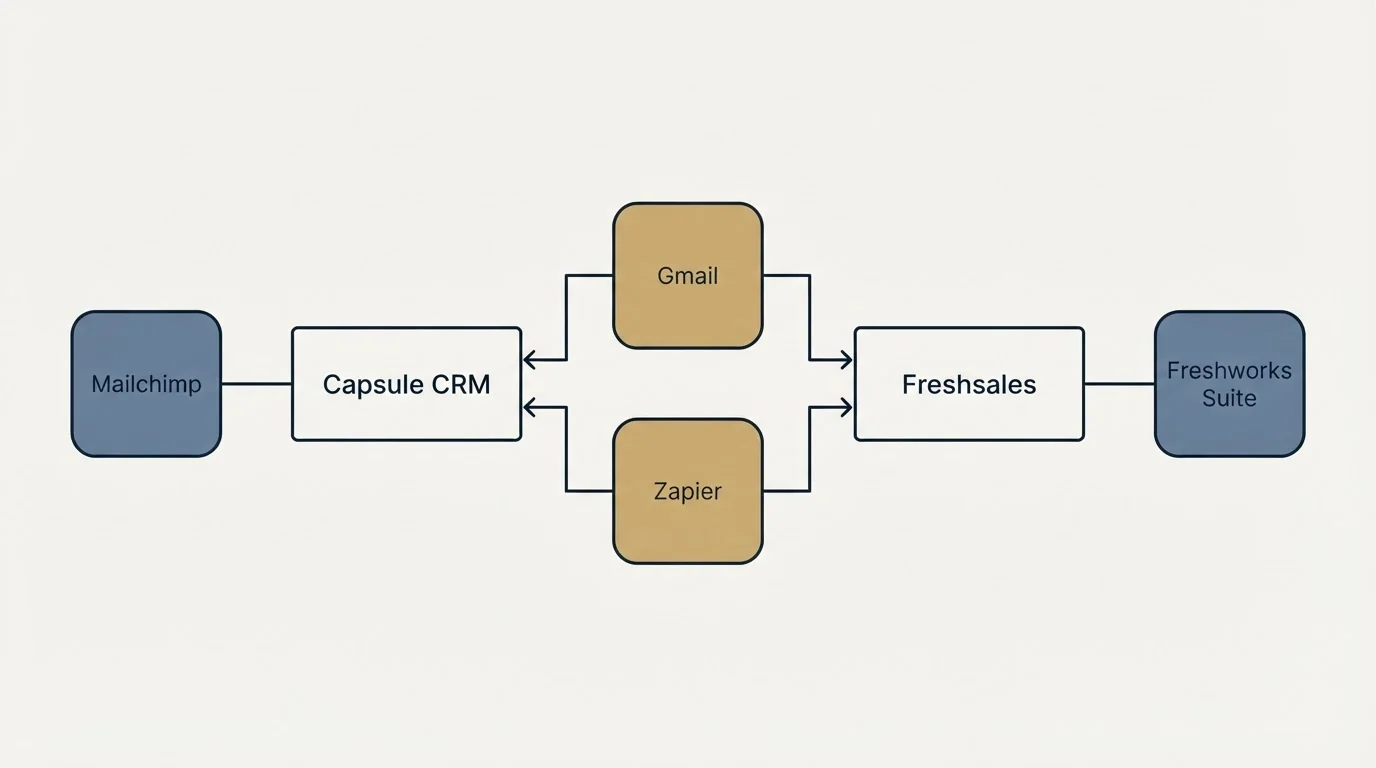 Integration schematic: Integration Ecosystem (Capsule CRM, Freshsales, Gmail, Zapier)