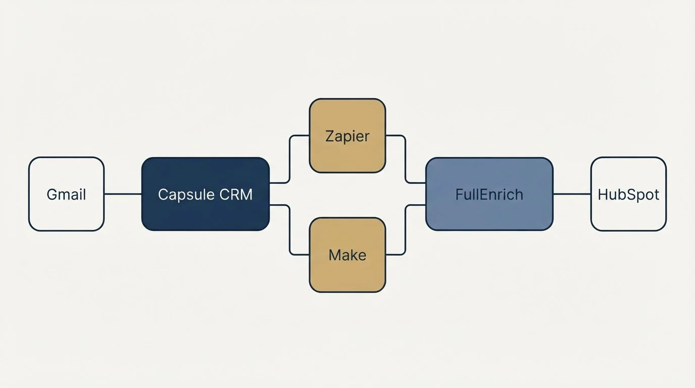 Integration flow: Integration Ecosystem (Capsule CRM, FullEnrich, Zapier, Make)