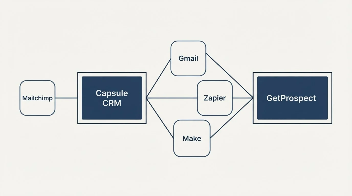 Integration schematic: Integration Ecosystem (Capsule CRM, GetProspect, Gmail, Zapier)