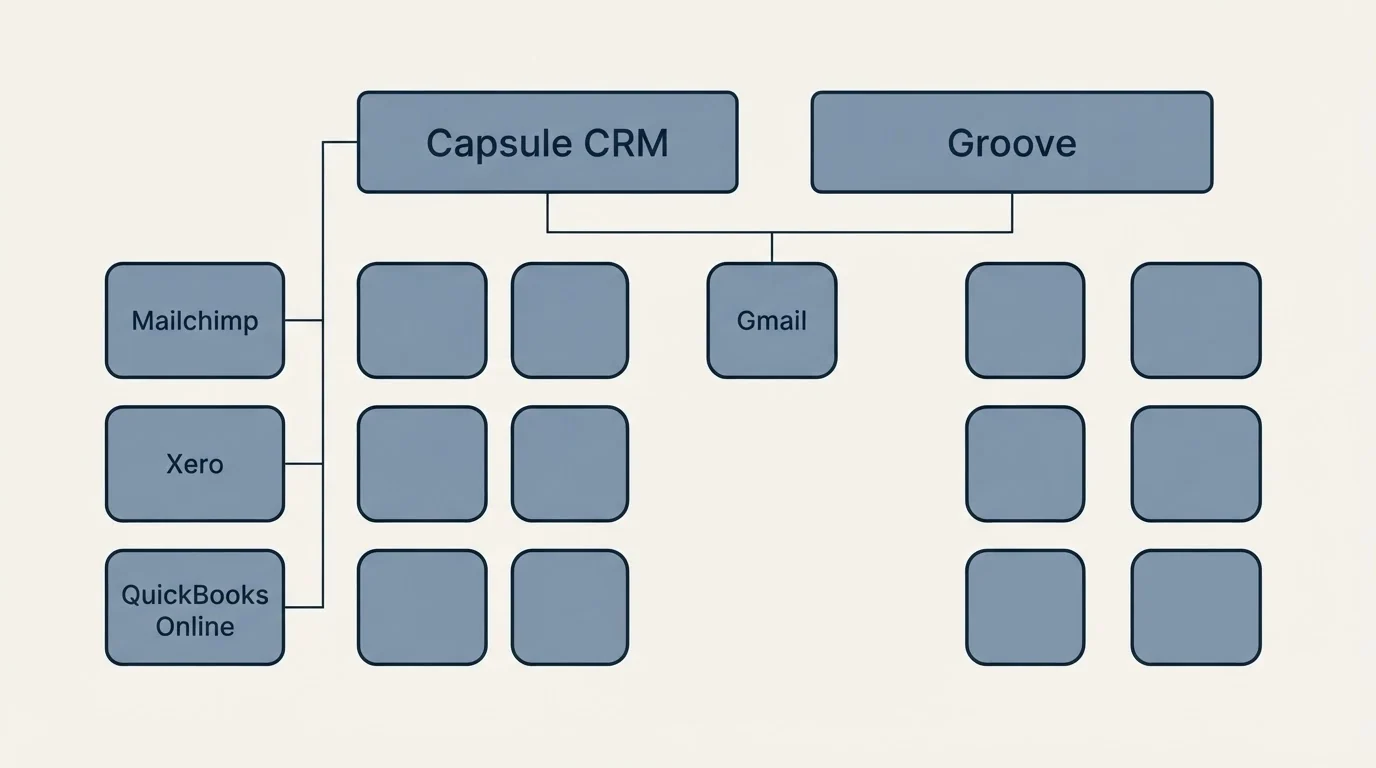 Integration grid: Integration Ecosystem (Capsule CRM, Groove, Gmail, Mailchimp)