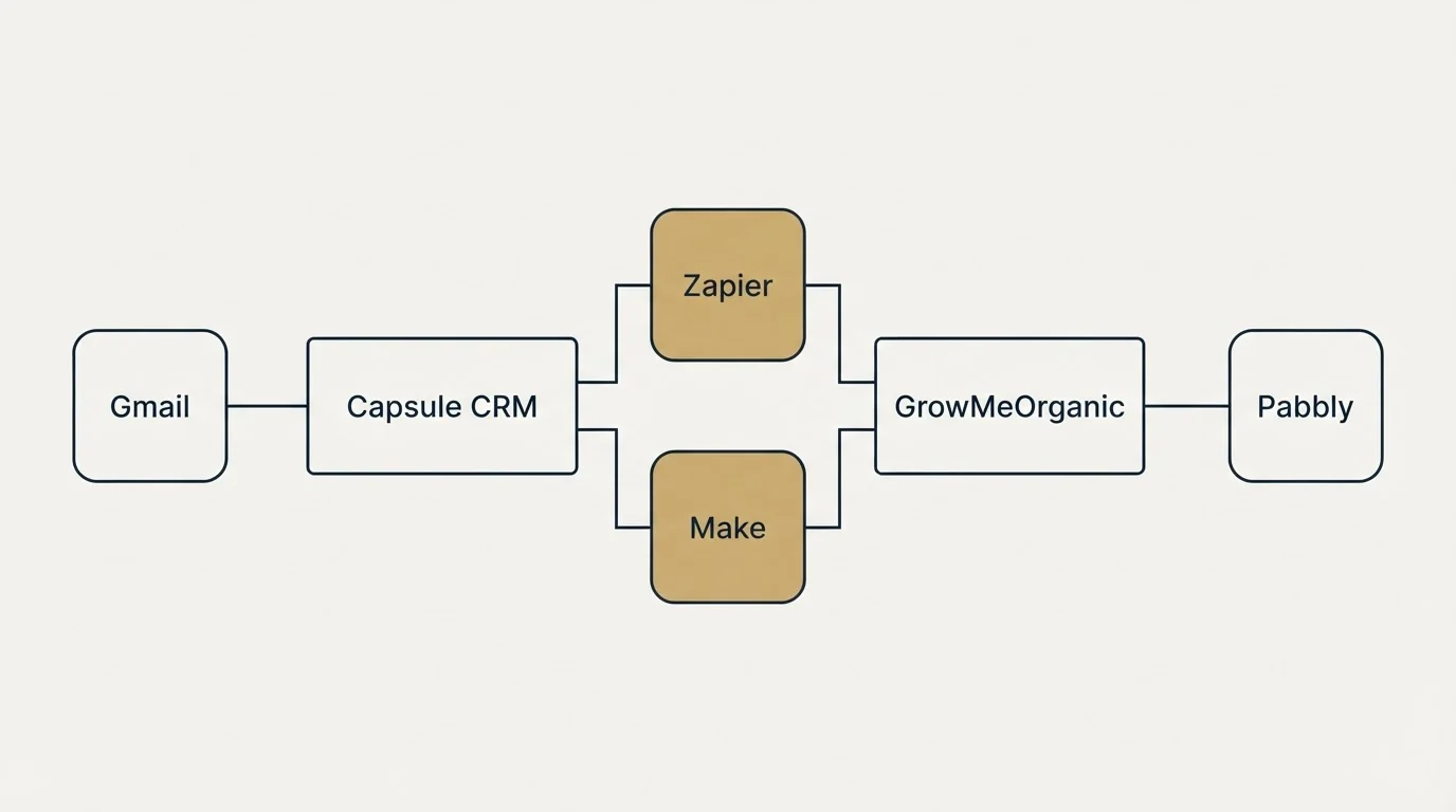 Integration flow: Integration Ecosystem (Capsule CRM, GrowMeOrganic, Zapier, Make)