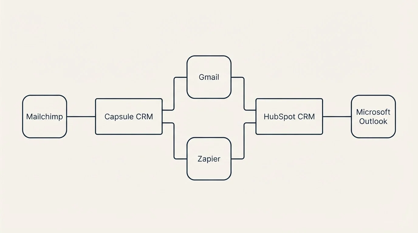 Integration flow: Integration Ecosystem (Capsule CRM, HubSpot CRM, Gmail, Zapier)