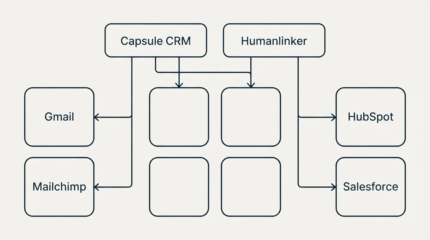 Integration grid: Integration Ecosystem (Capsule CRM, Humanlinker, Gmail, HubSpot)