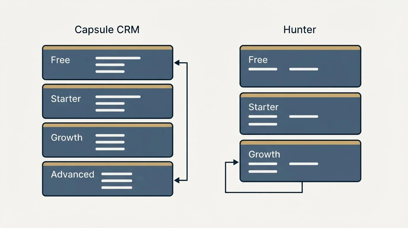 Pricing panels: Pricing Comparison (Capsule CRM, Hunter, Free, Starter)