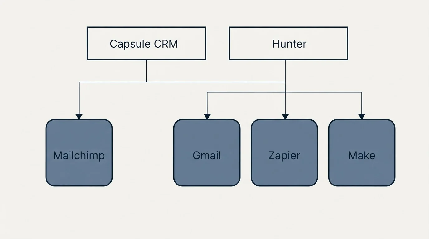 Integration grid: Integration Ecosystem (Capsule CRM, Hunter, Gmail, Zapier)