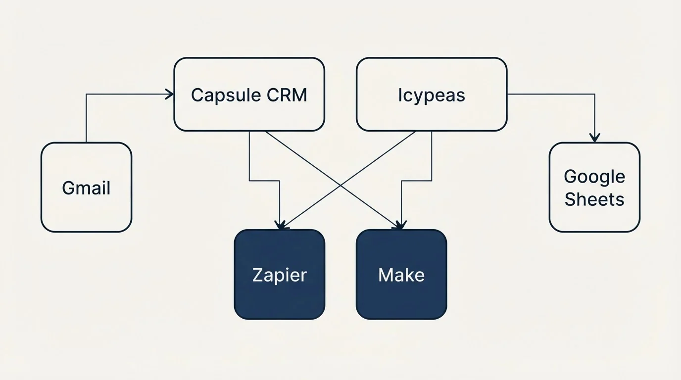 Integration grid: Integration Ecosystem (Capsule CRM, Icypeas, Zapier, Make)