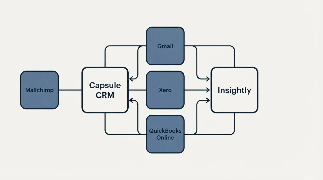 Integration schematic: Integration Ecosystem (Capsule CRM, Insightly, Gmail, Xero)
