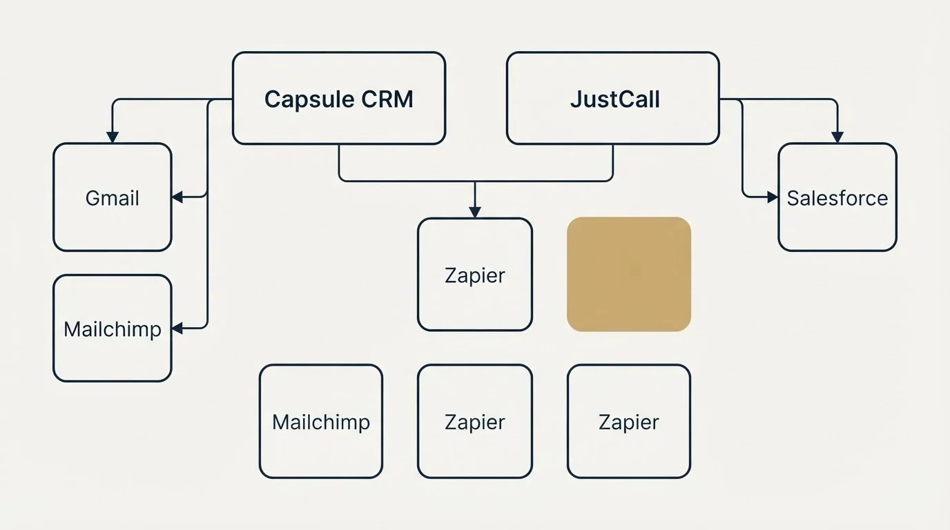 Integration grid: Integration Ecosystem (Capsule CRM, JustCall, Zapier, Gmail)