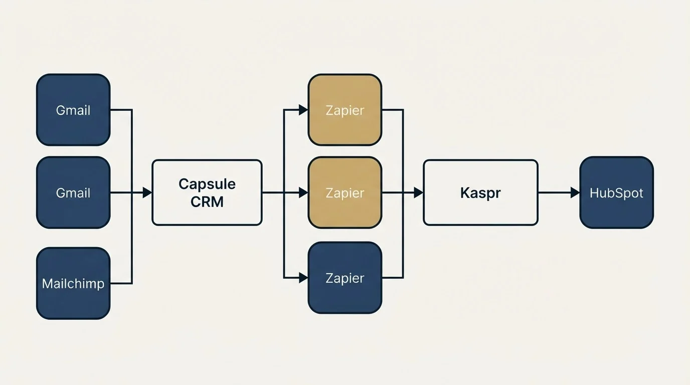 Integration flow: Integration Ecosystem (Capsule CRM, Kaspr, Zapier, Gmail)