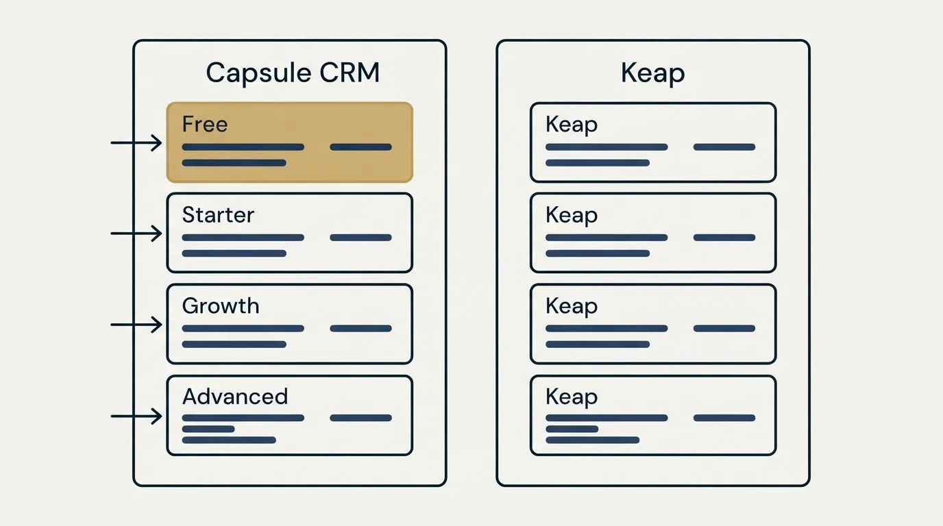 Pricing panels: Pricing Comparison (Capsule CRM, Keap, Free, Starter)