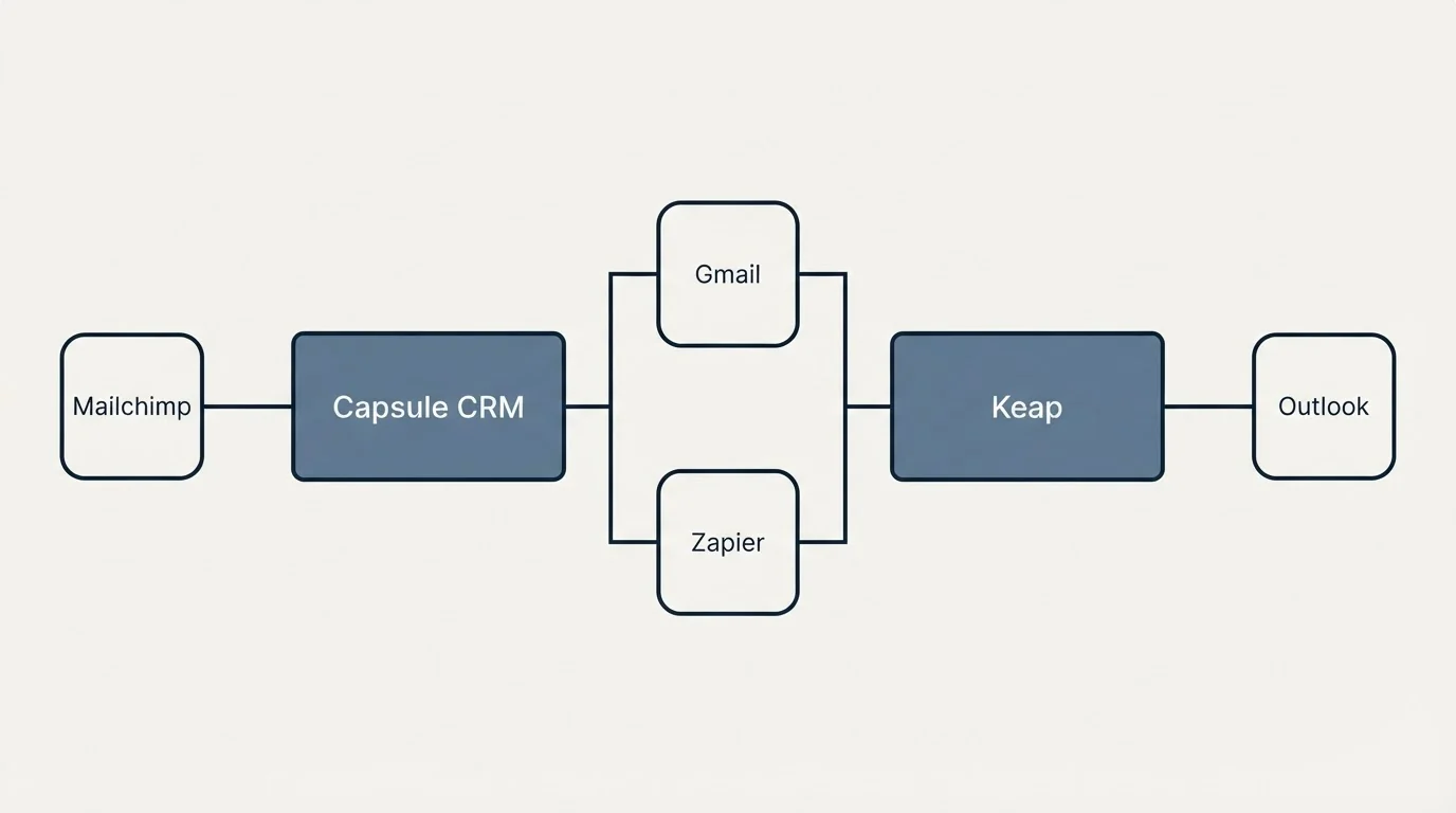 Integration flow: Integration Ecosystem (Capsule CRM, Keap, Gmail, Zapier)