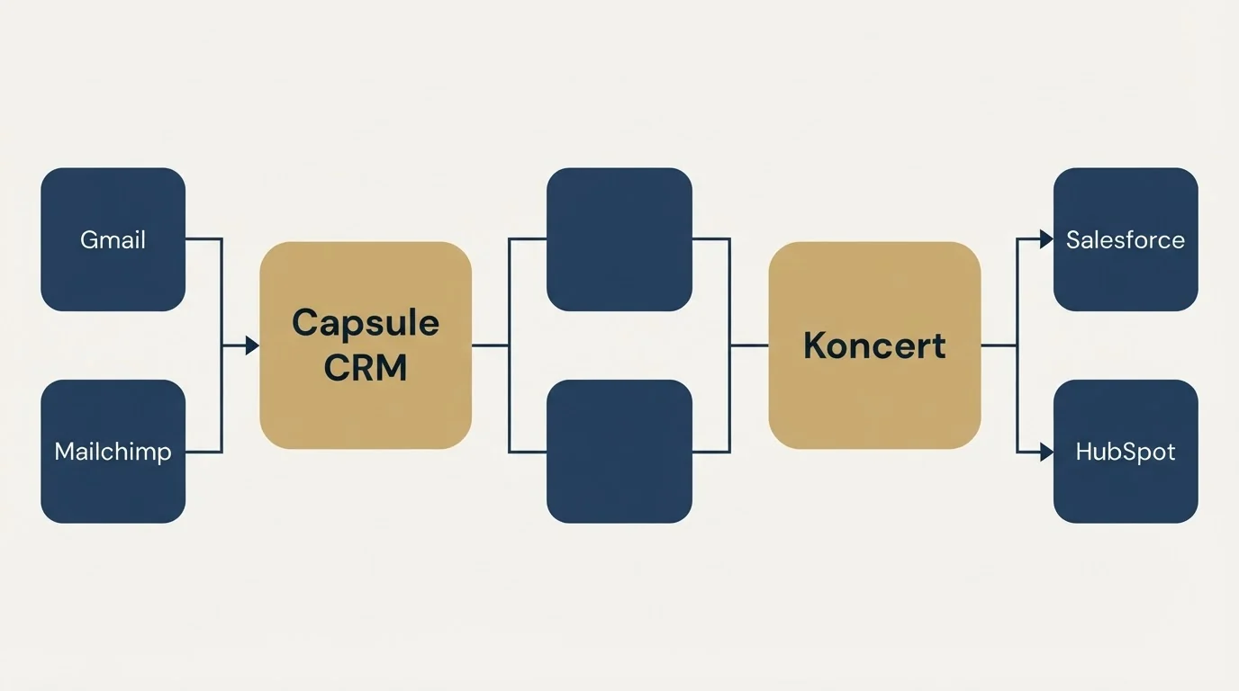 Integration flow: Integration Ecosystem (Capsule CRM, Koncert, Gmail, Salesforce)