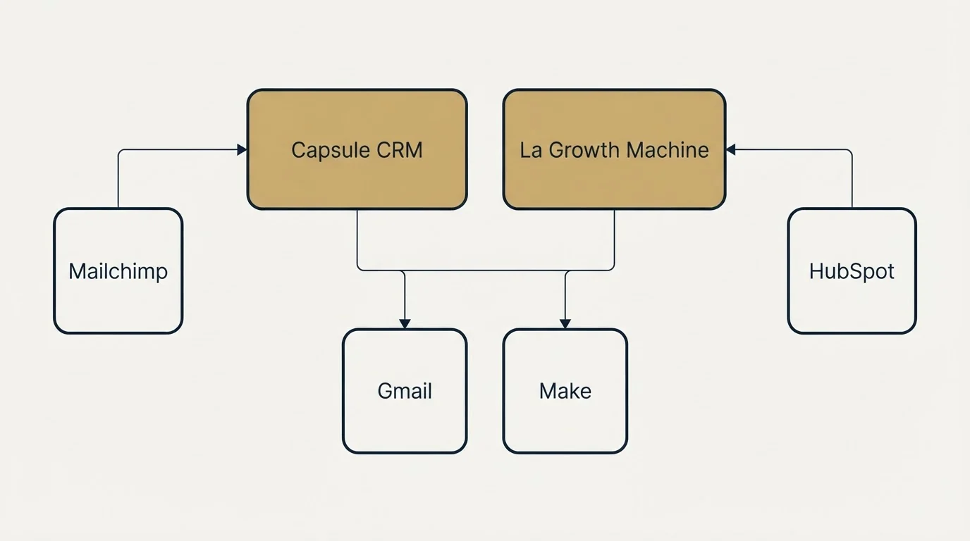 Integration grid: Integration Ecosystem (Capsule CRM, La Growth Machine, Gmail, Make)
