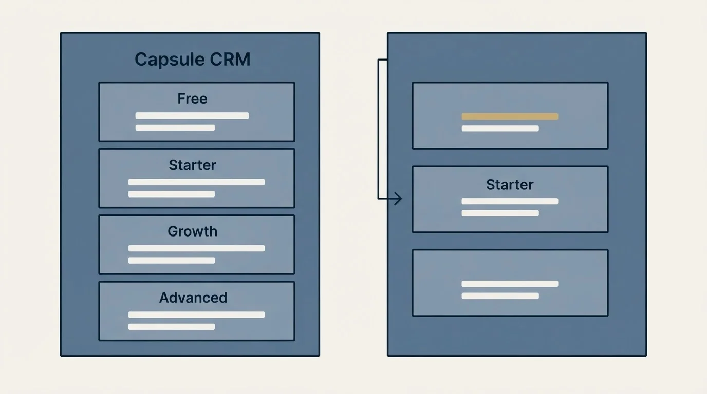 Pricing panels: Pricing Comparison (Capsule CRM, Free, Starter, Growth)