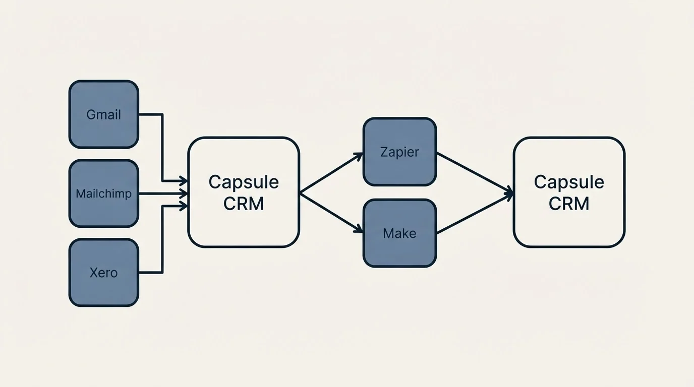 Integration schematic: Integration Ecosystem (Capsule CRM, Zapier, Make, Gmail)