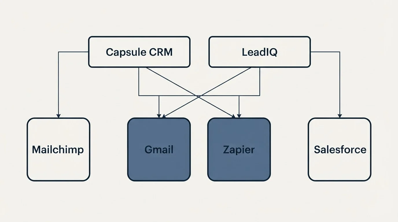 Integration grid: Integration Ecosystem (Capsule CRM, LeadIQ, Gmail, Zapier)