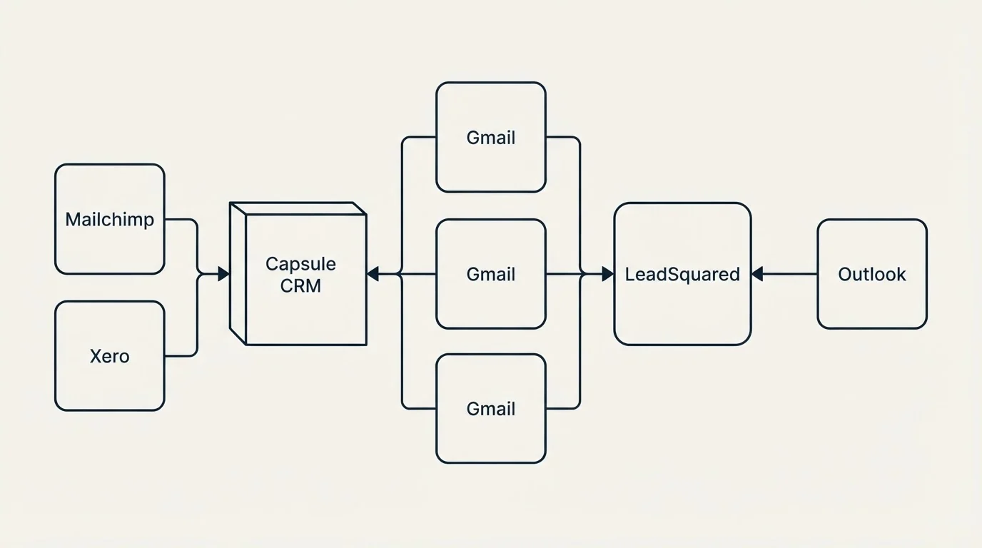 Integration flow: Integration Ecosystem (Capsule CRM, LeadSquared, Gmail, Mailchimp)