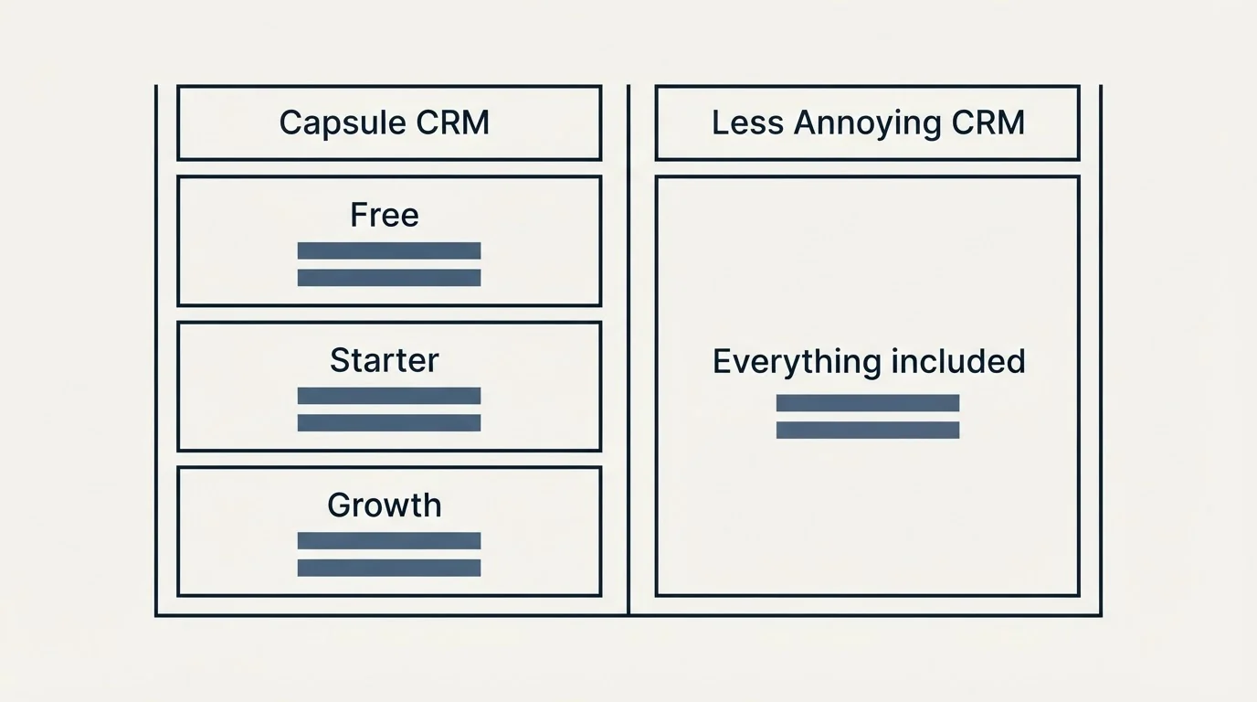 Pricing table: Pricing Comparison (Capsule CRM, Less Annoying CRM, Free, Everything included)