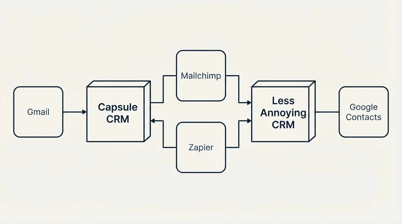 Integration flow: Integration Ecosystem (Capsule CRM, Less Annoying CRM, Mailchimp, Zapier)