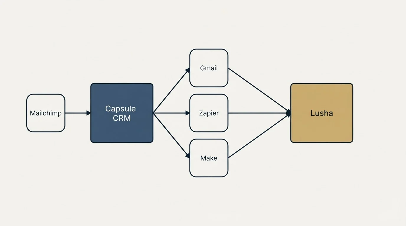 Integration schematic: Integration Ecosystem (Capsule CRM, Lusha, Gmail, Zapier)