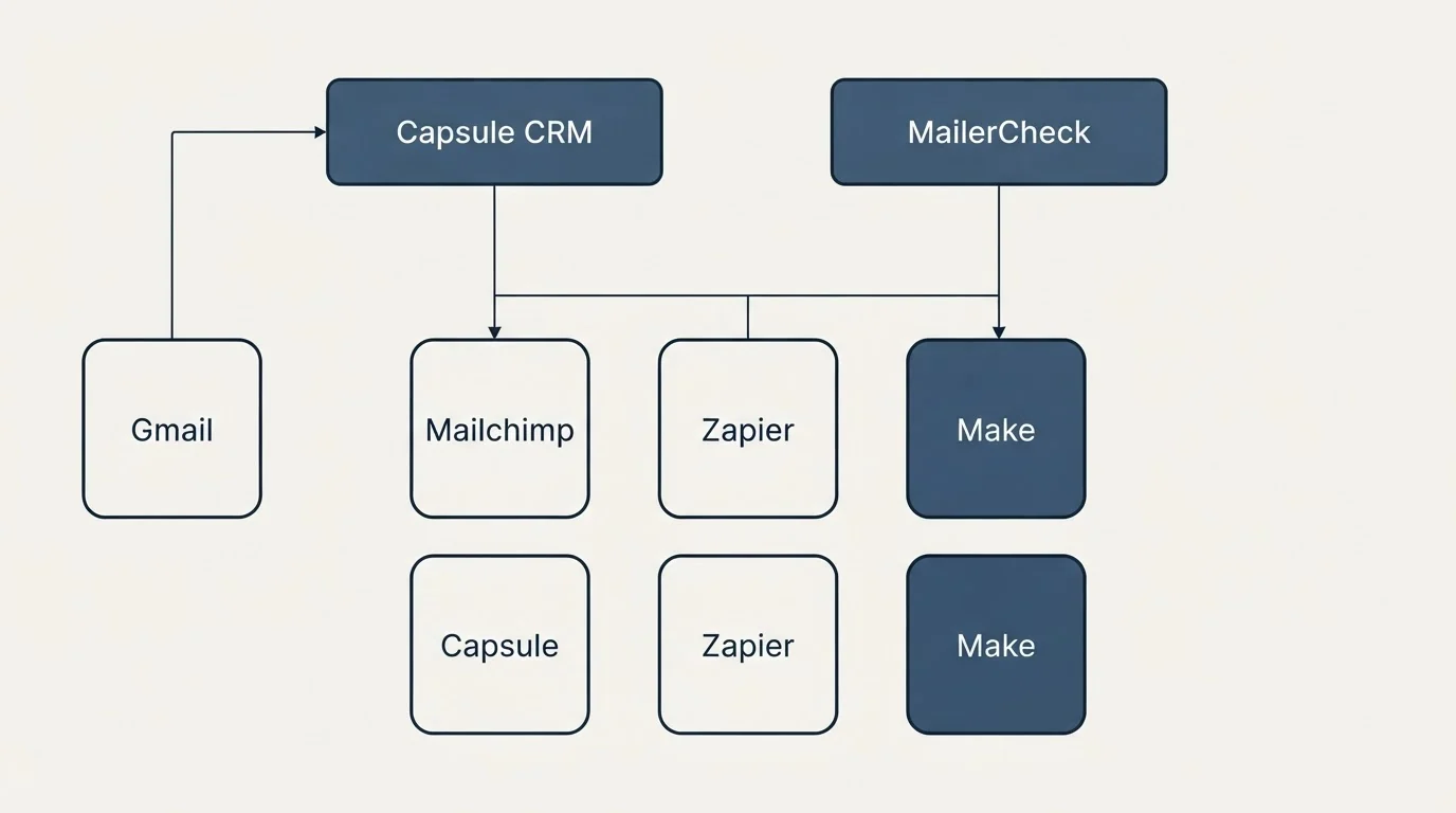Integration grid: Integration Ecosystem (Capsule CRM, MailerCheck, Mailchimp, Zapier)