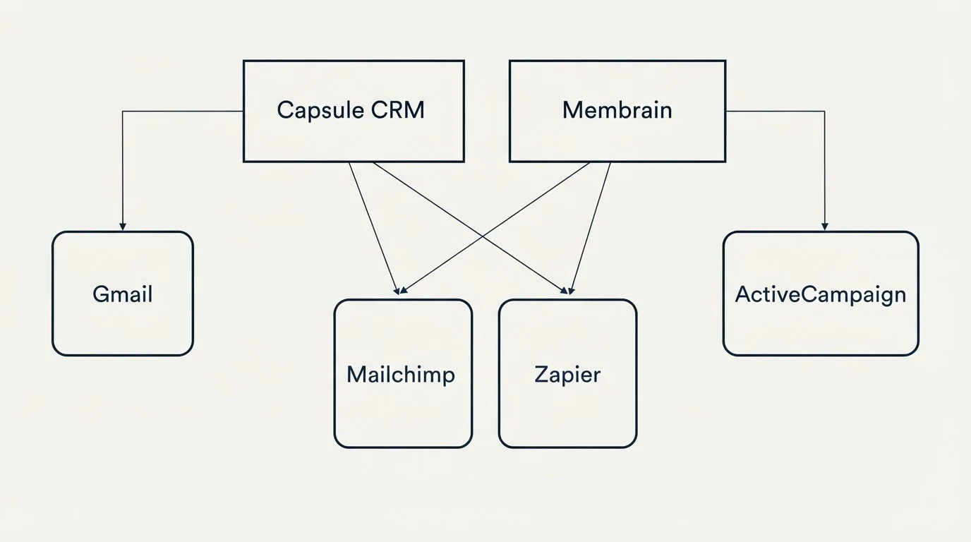 Integration grid: Integration Ecosystem (Capsule CRM, Membrain, Mailchimp, Zapier)