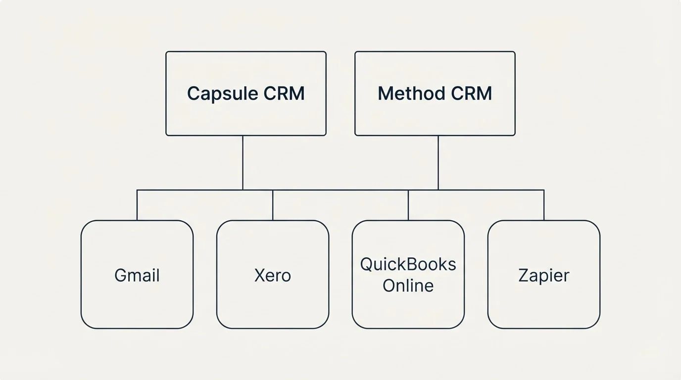 Integration grid: Integration Ecosystem (Capsule CRM, Method CRM, Gmail, Xero)