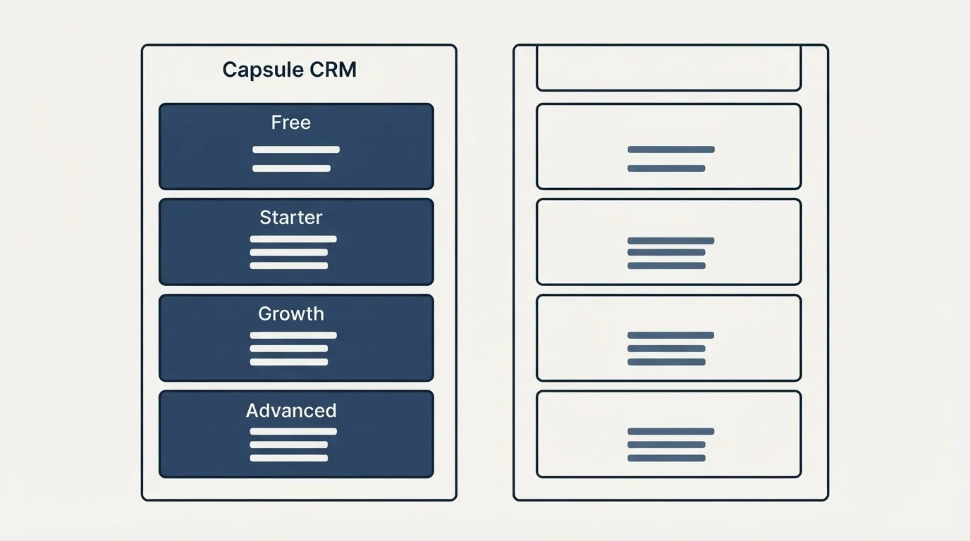 Pricing panels: Pricing Comparison (Capsule CRM, Free, Starter, Growth)