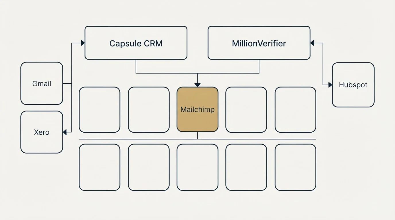 Integration grid: Integration Ecosystem (Capsule CRM, MillionVerifier, Mailchimp, Gmail)