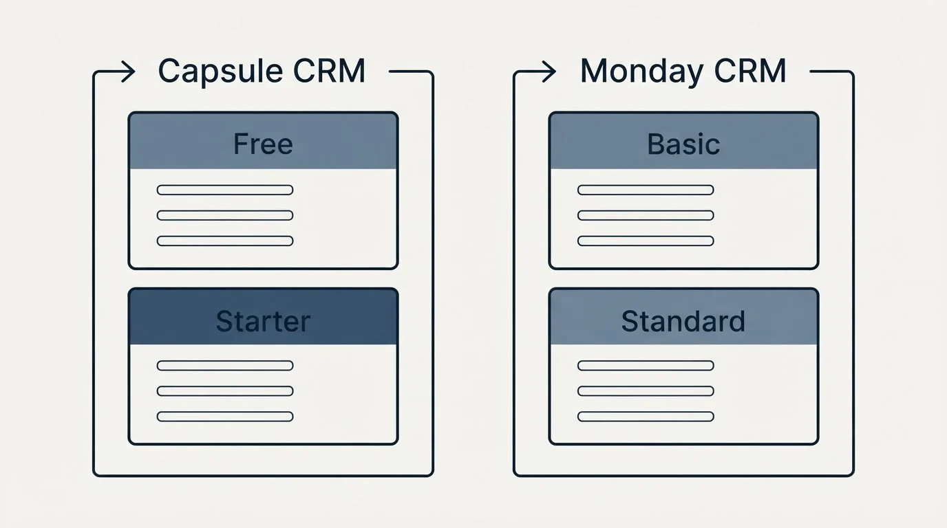 Pricing panels: Pricing Comparison (Capsule CRM, Monday CRM, Free, Basic)