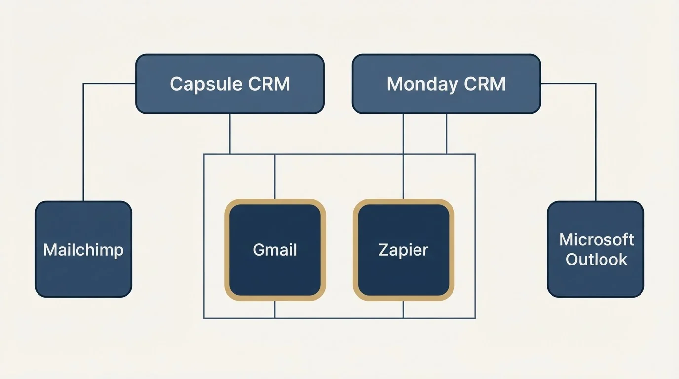 Integration grid: Integration Ecosystem (Capsule CRM, Monday CRM, Gmail, Zapier)