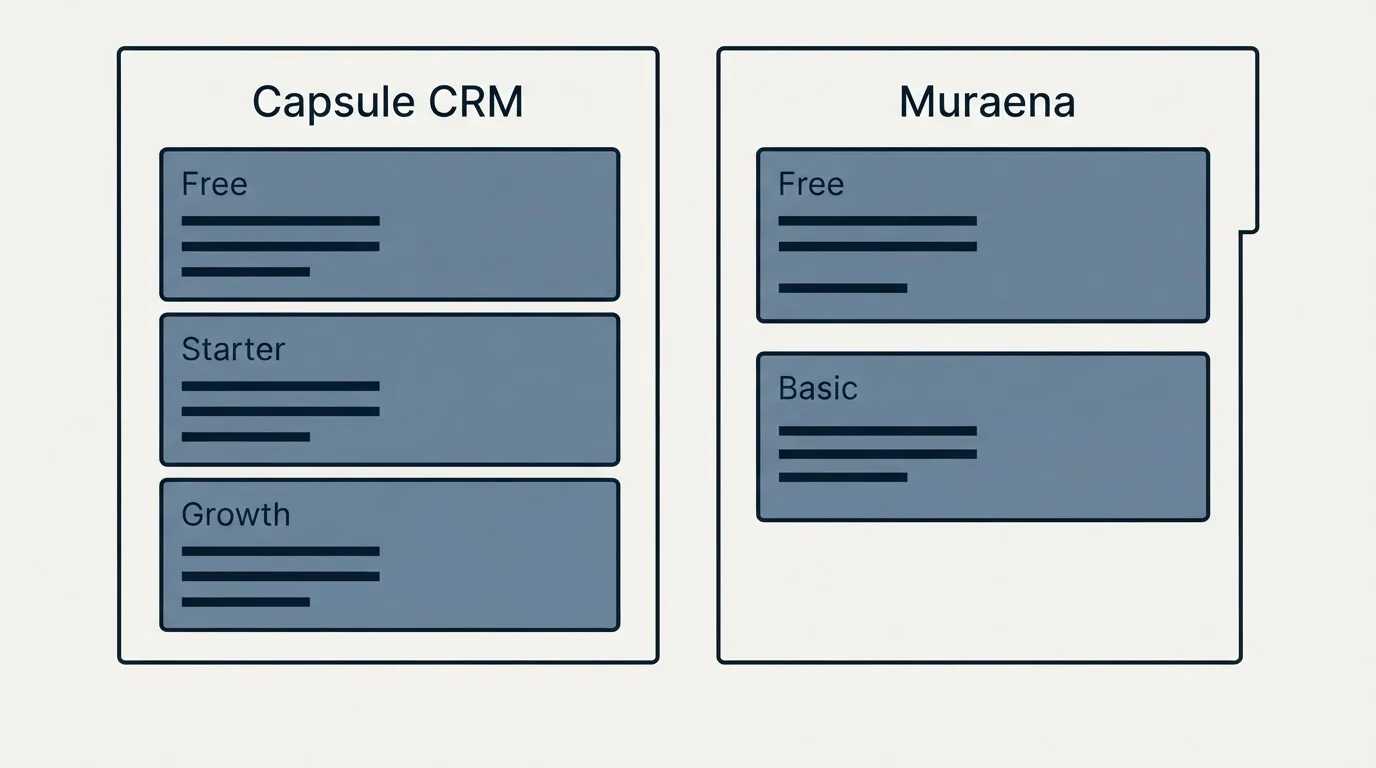 Pricing panels: Pricing Comparison (Capsule CRM, Muraena, Free, Starter)