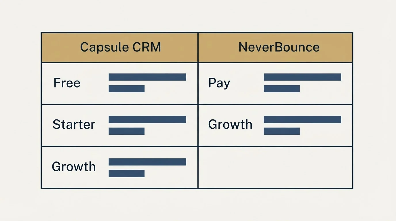 Pricing table: Pricing Comparison (Capsule CRM, NeverBounce, Free, Pay)