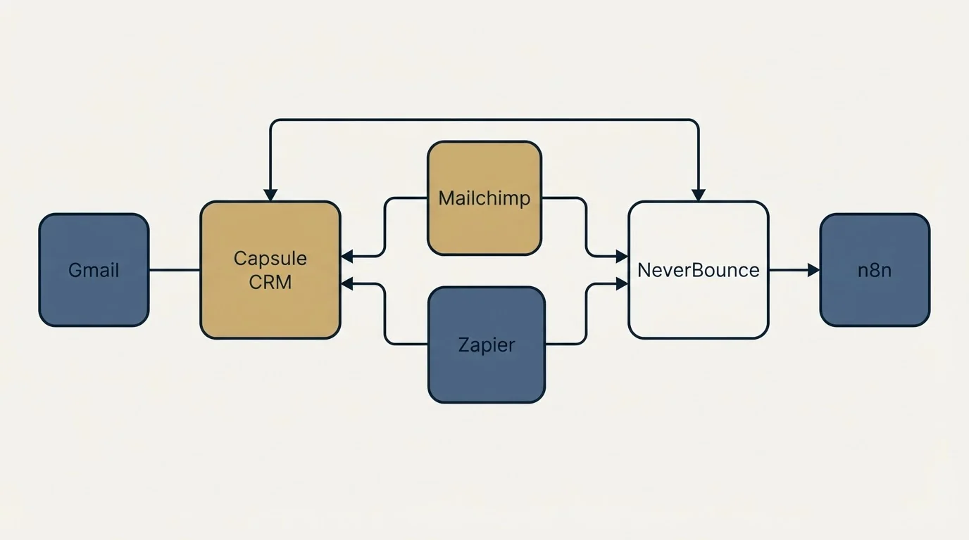 Integration schematic: Integration Ecosystem (Capsule CRM, NeverBounce, Mailchimp, Zapier)
