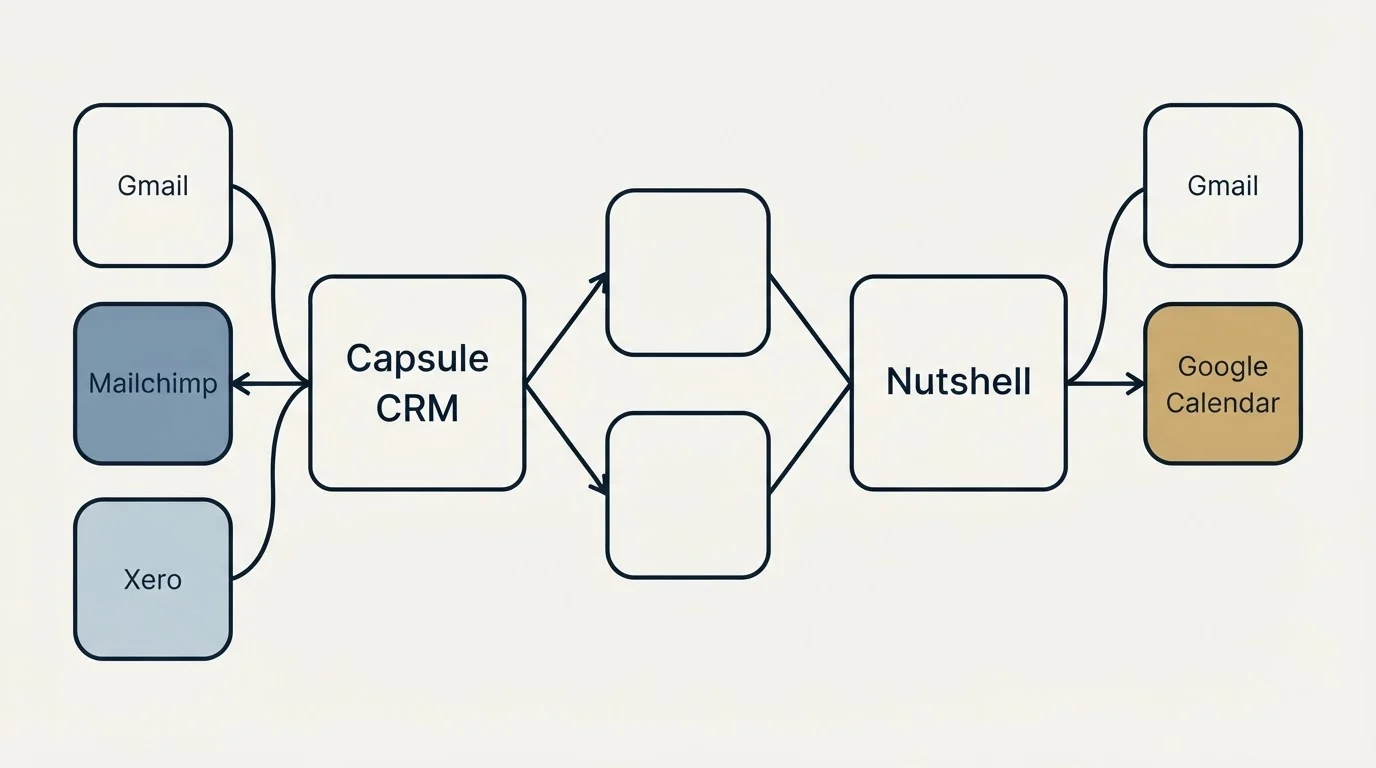 Integration schematic: Integration Ecosystem (Capsule CRM, Nutshell, Gmail, Mailchimp)