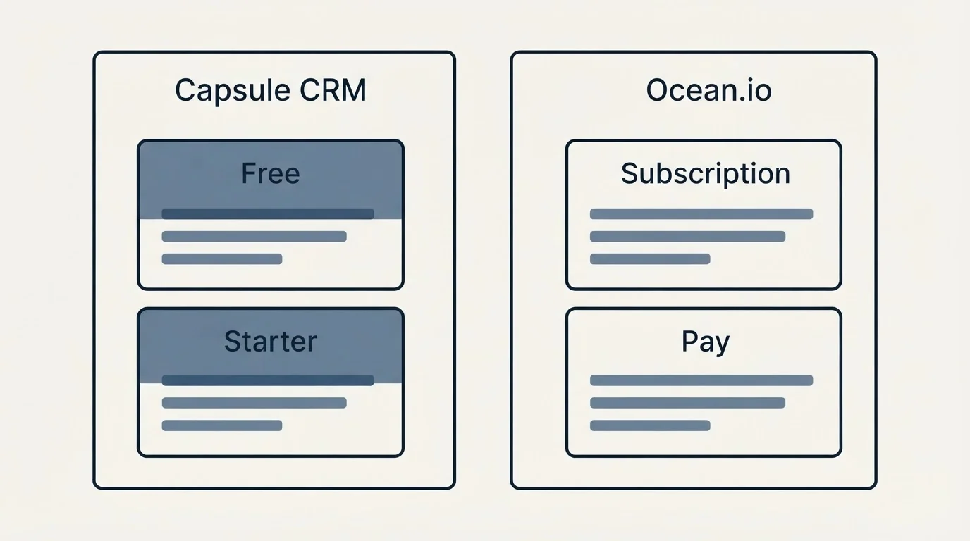 Pricing panels: Pricing Comparison (Capsule CRM, Ocean.io, Free, Subscription)