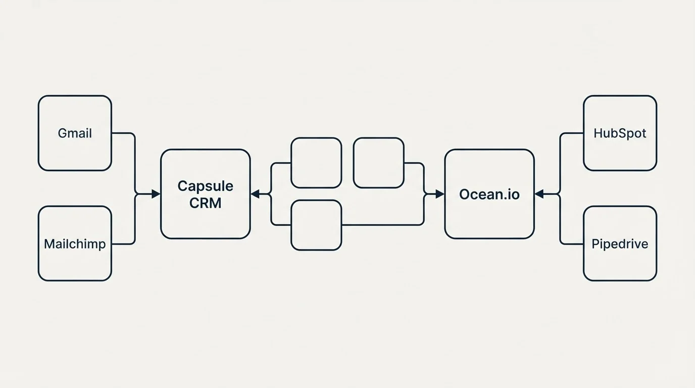 Integration schematic: Integration Ecosystem (Capsule CRM, Ocean.io, Gmail, HubSpot)