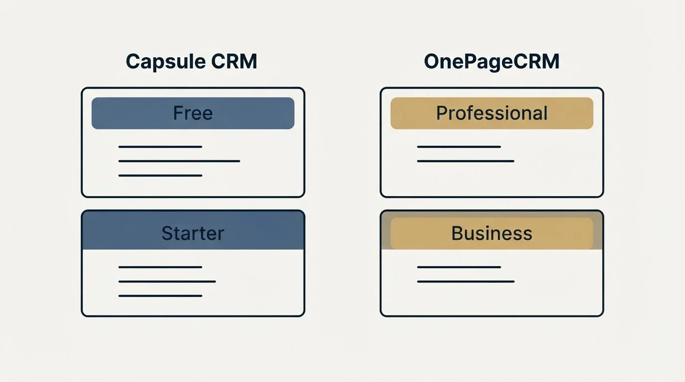 Pricing panels: Pricing Comparison (Capsule CRM, OnePageCRM, Free, Professional)