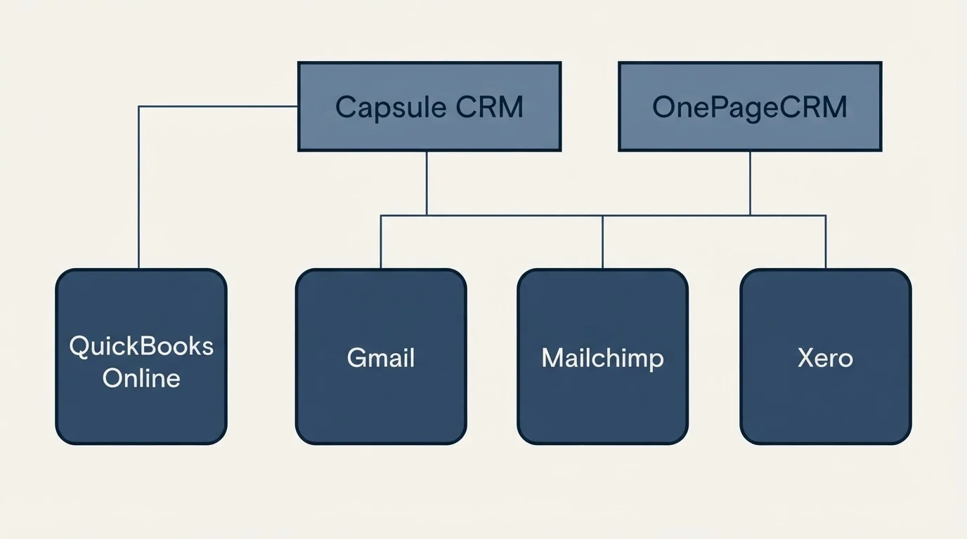 Integration grid: Integration Ecosystem (Capsule CRM, OnePageCRM, Gmail, Mailchimp)