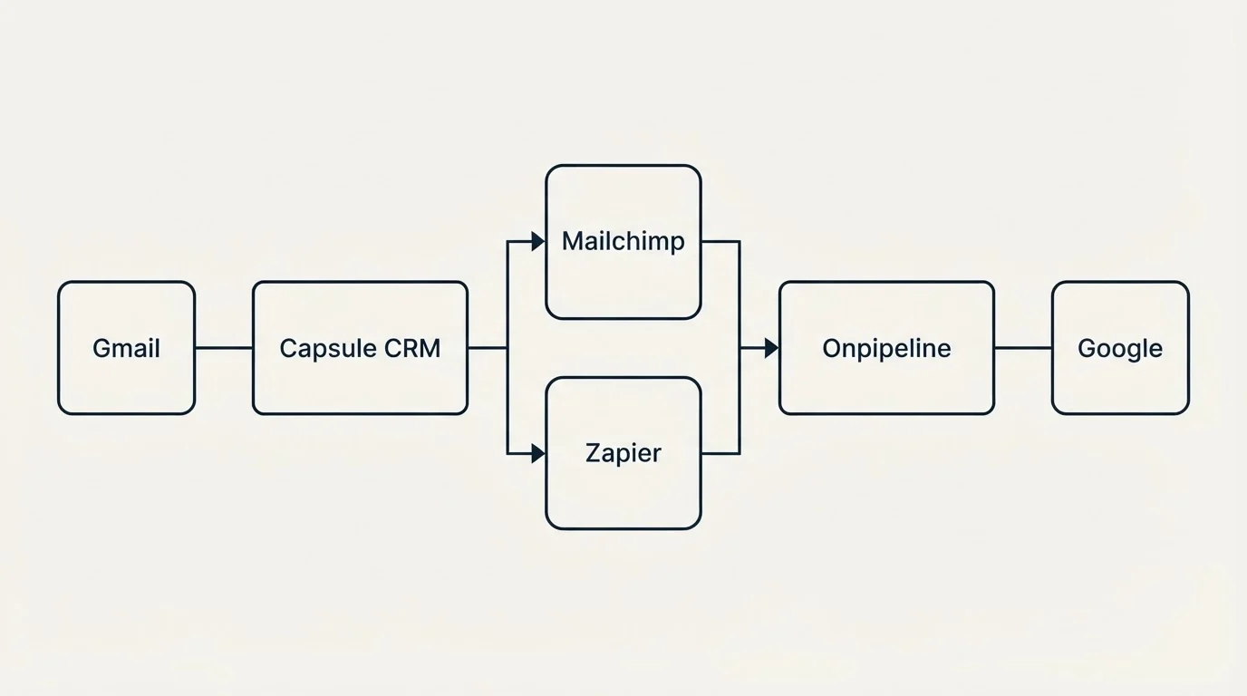 Integration flow: Integration Ecosystem (Capsule CRM, Onpipeline, Mailchimp, Zapier)