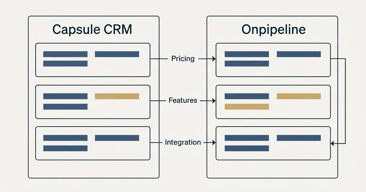 Comparison panel: Capsule CRM vs Onpipeline (Pricing, Features, Integration)