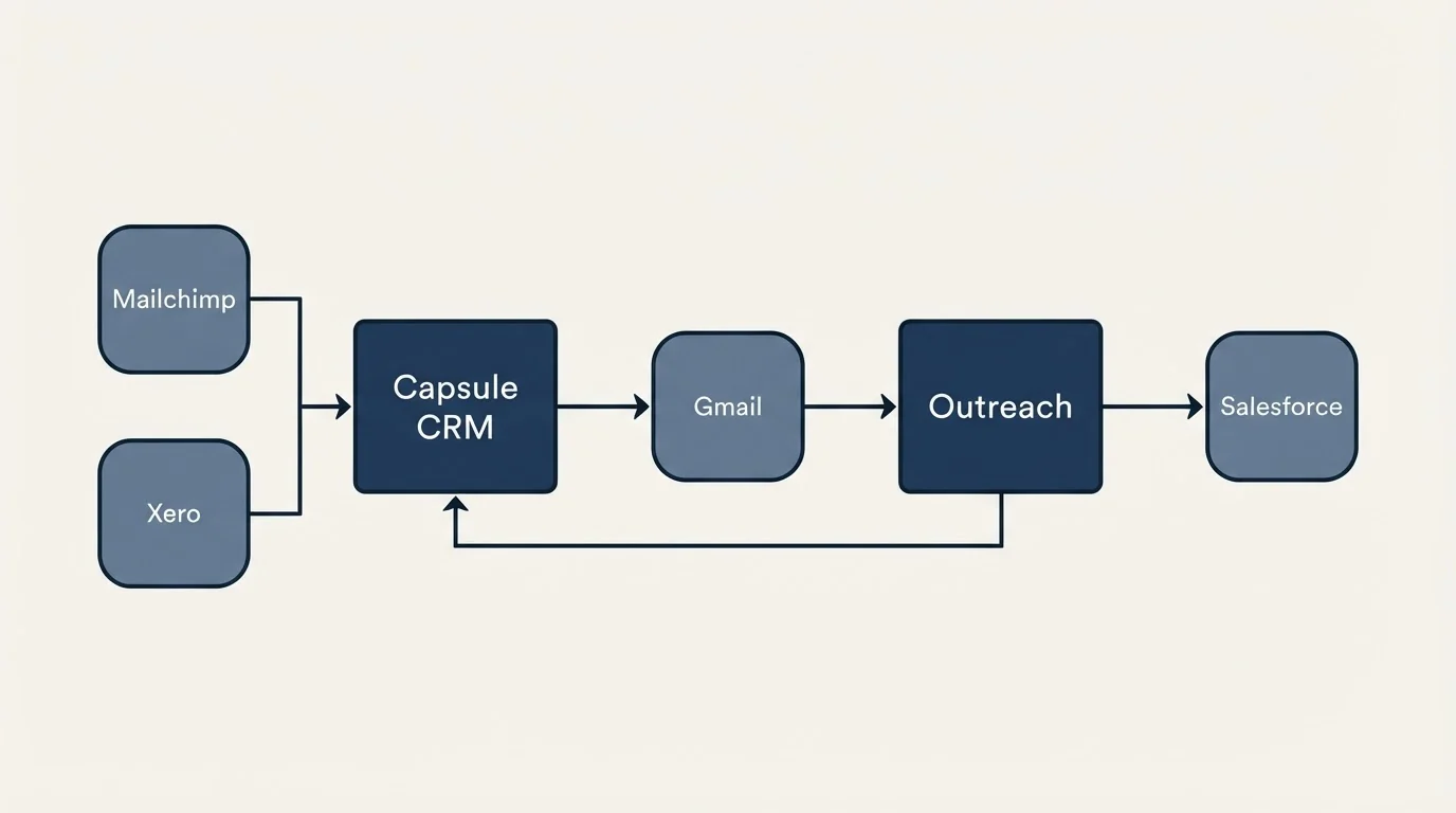 Integration schematic: Integration Ecosystem (Capsule CRM, Outreach, Gmail, Mailchimp)