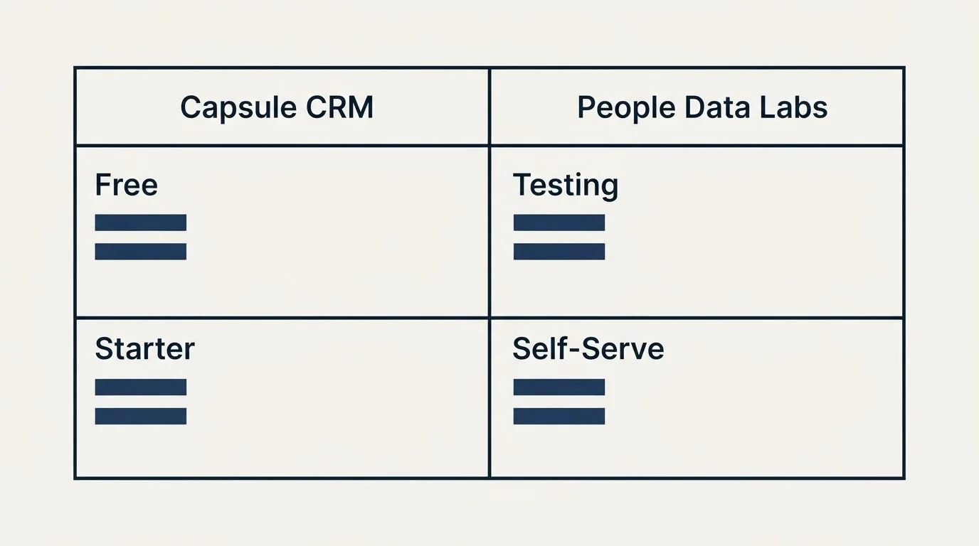 Pricing table: Pricing Comparison (Capsule CRM, People Data Labs, Free, Testing)