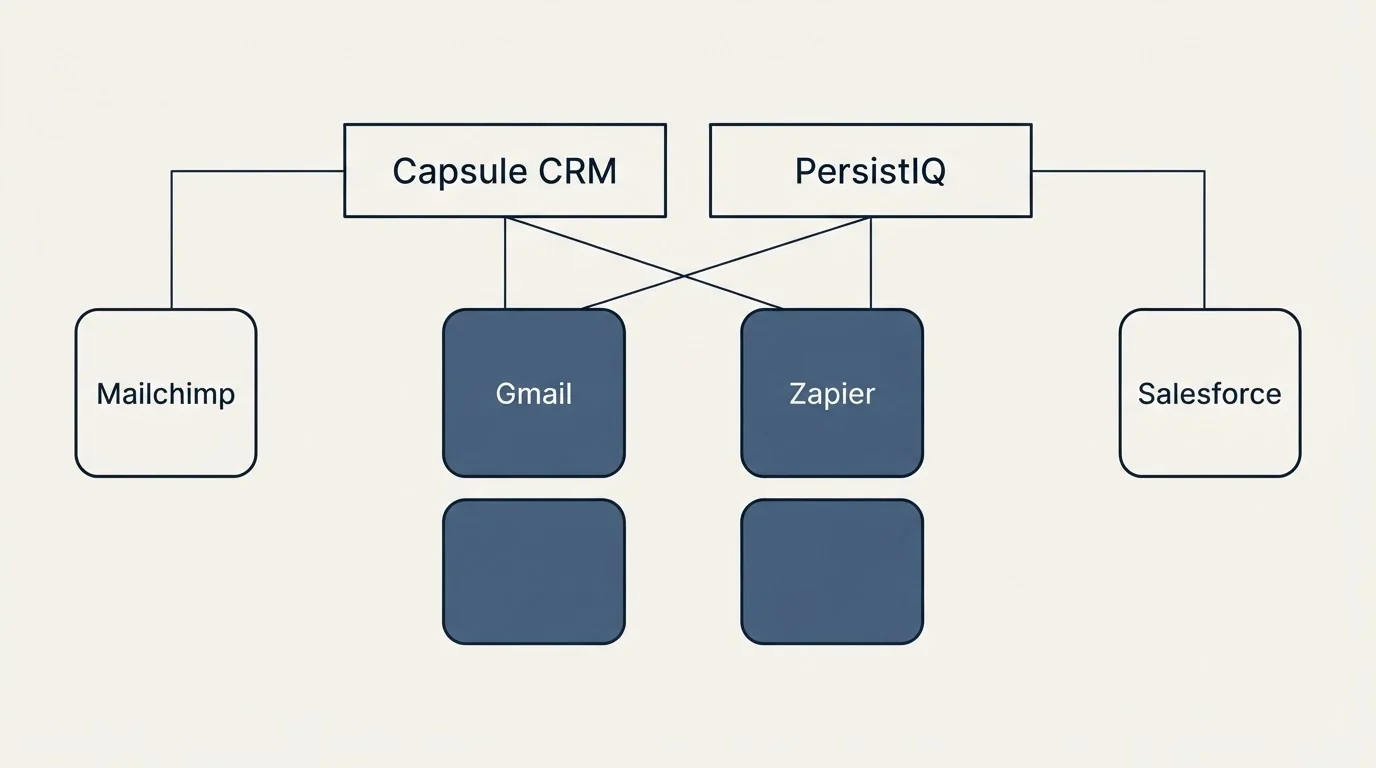Integration grid: Integration Ecosystem (Capsule CRM, PersistIQ, Gmail, Zapier)