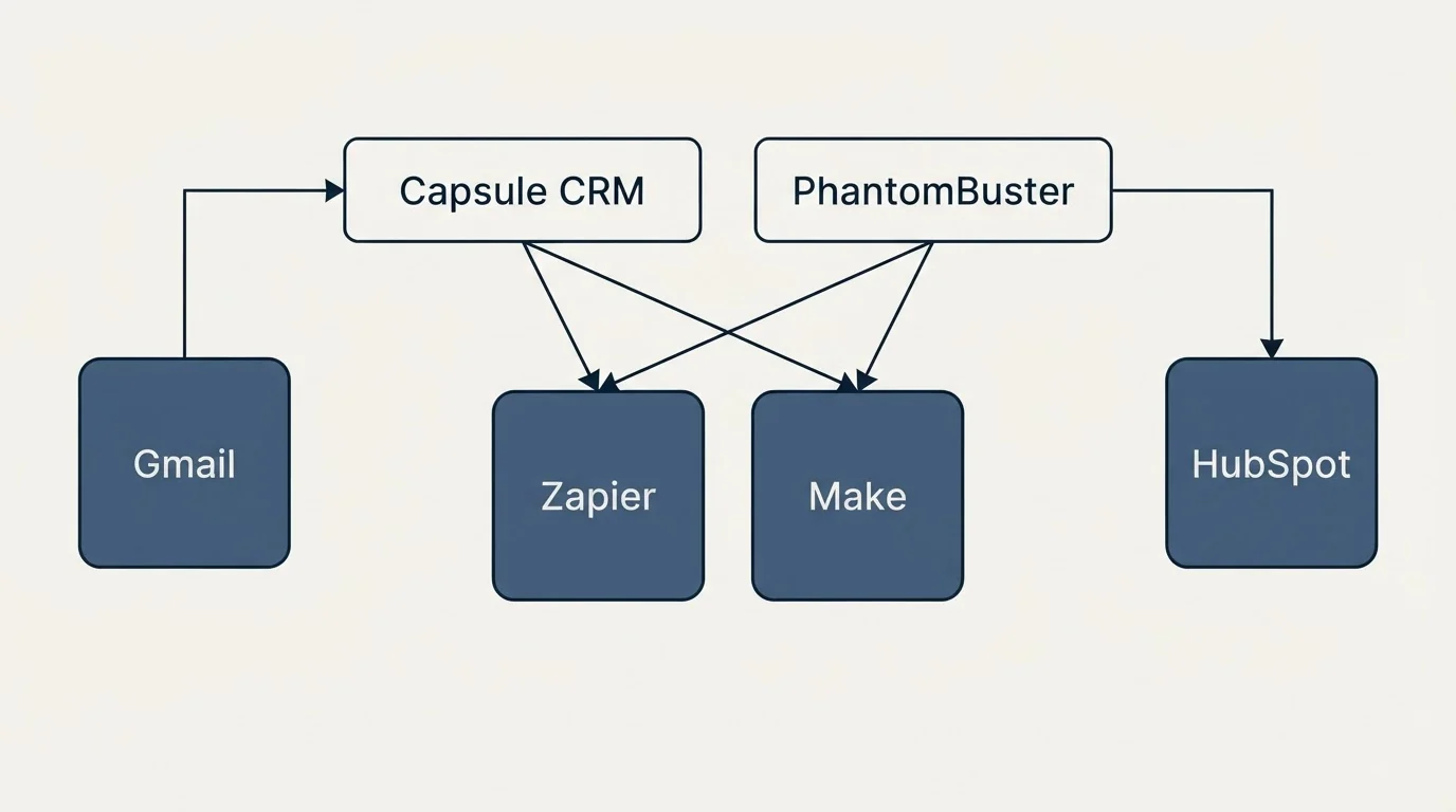 Integration grid: Integration Ecosystem (Capsule CRM, PhantomBuster, Zapier, Make)