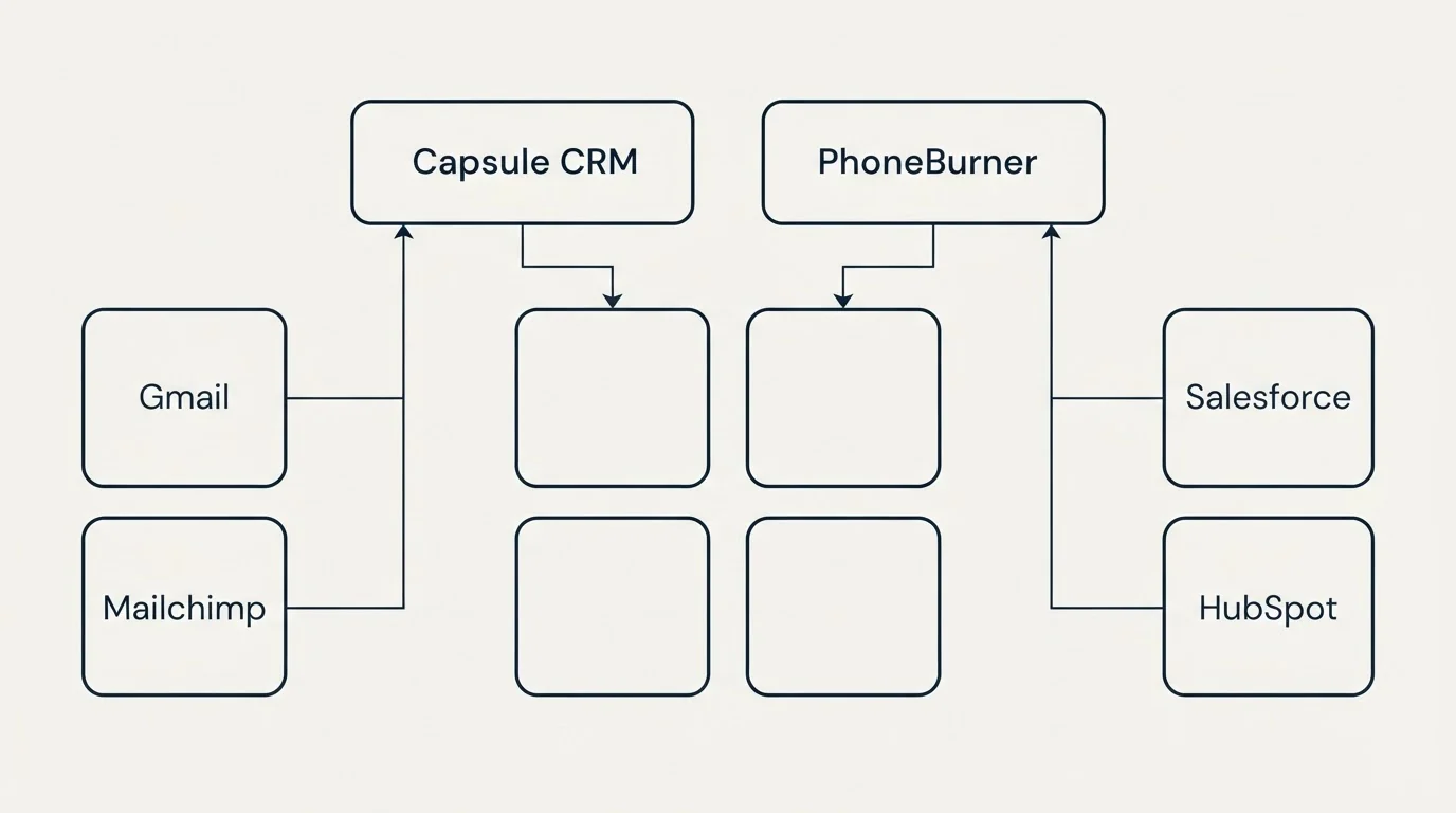 Integration grid: Integration Ecosystem (Capsule CRM, PhoneBurner, Gmail, Salesforce)