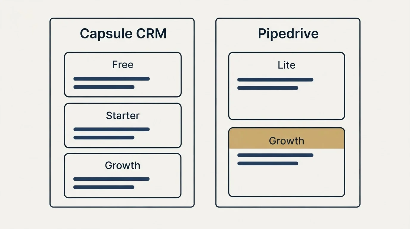 Pricing panels: Pricing Comparison (Capsule CRM, Pipedrive, Free, Lite)