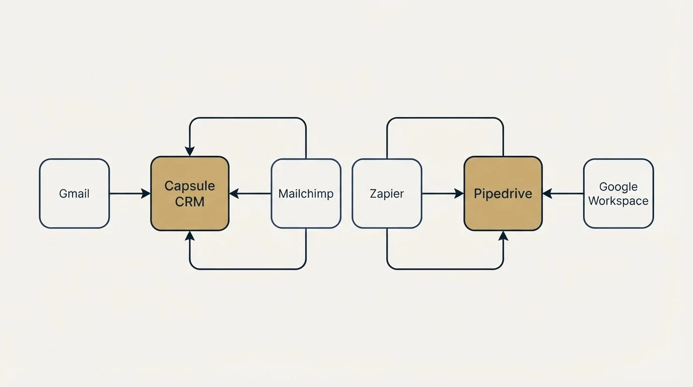 Integration schematic: Integration Ecosystem (Capsule CRM, Pipedrive, Mailchimp, Zapier)