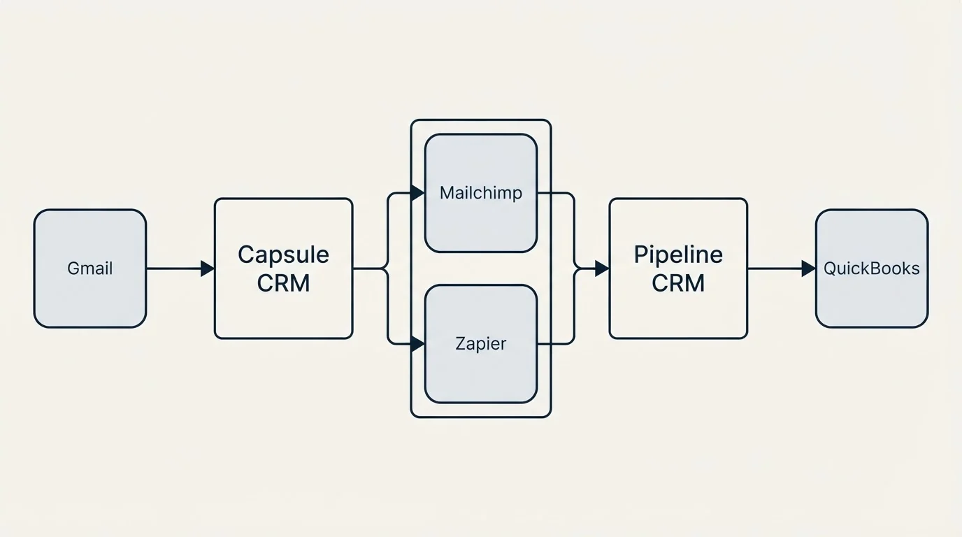 Integration flow: Integration Ecosystem (Capsule CRM, Pipeline CRM, Mailchimp, Zapier)