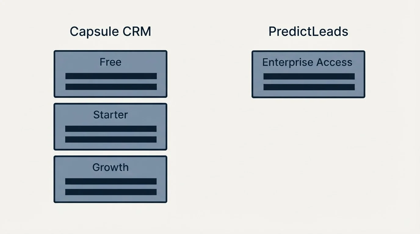 Pricing panels: Pricing Comparison (Capsule CRM, PredictLeads, Free, Enterprise Access)